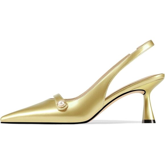 🆕Women Gold Faux Leather Kitten Heels Slingback Pearl Pumps Dress - Picture 2 of 7
